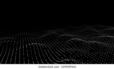 Futuristic digital wave. Dark cyberspace. Vector abstract wave with dots and line. White moving particles on a black background.