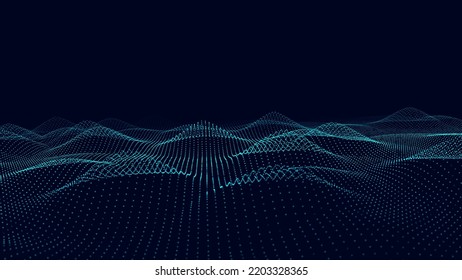 Futuristic digital wave. Dark cyberspace. Vector abstract wave with dots and line. White moving particles on a black background.