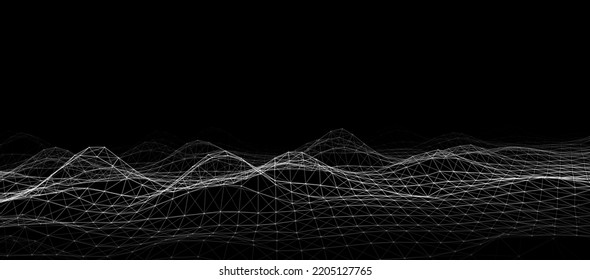 Futuristic digital wave. Dark cyberspace. Vector abstract wave with dots and line. White moving particles on a black background.