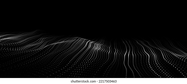 Futuristic digital wave. Dark cyberspace. Abstract vector wave with dots. White moving particles on a black background.