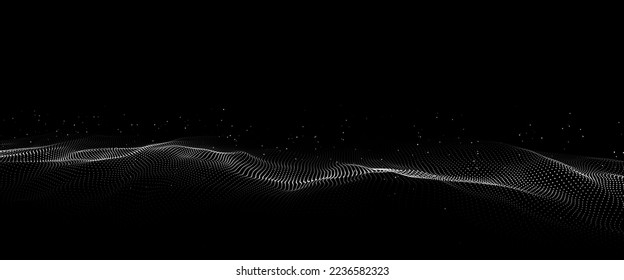 Futuristic digital wave. Dark cyberspace. Abstract vector wave with dots. White moving particles on a black background.