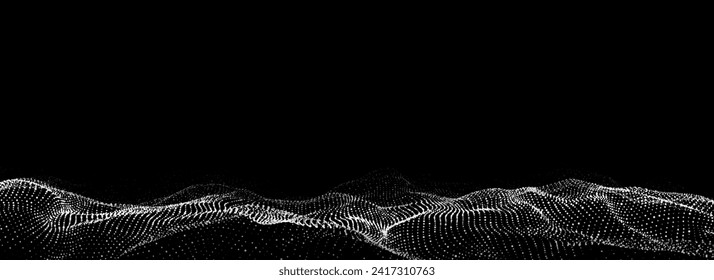 Futuristic digital wave. Dark cyberspace. Abstract vector wave with dots. White moving particles on a black background.