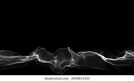 Onda digital futurista. Ciberespacio oscuro. Onda vectorial abstracta con puntos. Partículas blancas en movimiento sobre fondo negro.