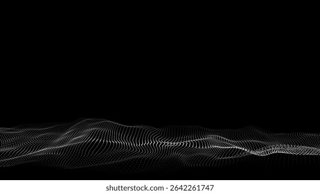 Futuristic digital wave. Dark cyberspace. Abstract vector wave with dots. White moving particles on a black background.
