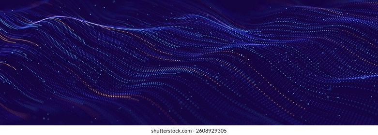 Futuristic Digital Wave With Flowing Dots and Blue Light On Dark Background. Abstract Technology and Data Concept. Vector Illustration.