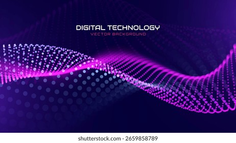 Futuristic Digital Wave with Glowing Data Flow Dots on Dark Purple Background. Computer Science Research, Tech Business Themes and Innovation Concepts. Technology Presentation Vector Illustration.