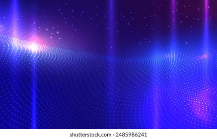 Fondo de tecnología de partículas 3D de onda digital futurista. Paisaje digital. Holograma de gradiente Abstractas onda dinámica de partículas. Visualización de macrodatos. Música. Partículas sonoras. Vector técnico EPS10.