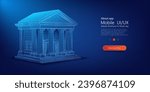 Futuristic Digital Wireframe of Classic Greek Architecture on a Dark Background. Bank low poly wireframe.  Finance and investment. Vector illustration