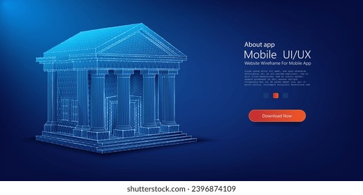 Futuristic Digital Wireframe of Classic Greek Architecture on a Dark Background. Bank low poly wireframe.  Finance and investment. Vector illustration