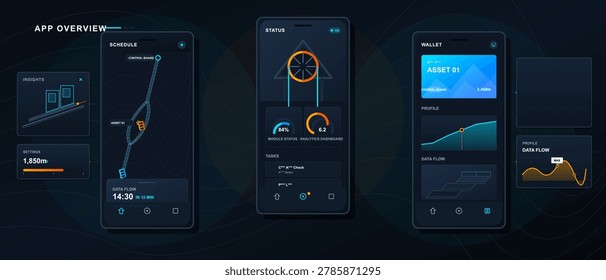 Futuristic digital workspace displaying holographic data analytics charts, graphs, and financial metrics on multiple screens in a dark tech environment.
