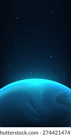futuristic digital world glowing blue planet with swirling topographical lines shines against a vast starry deep space background, tech and science projects