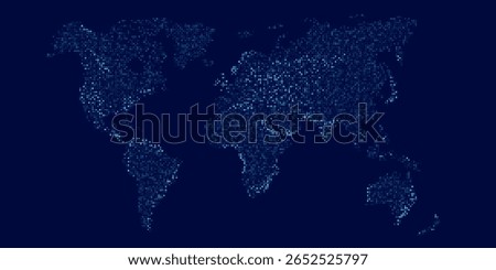 Futuristic digital world map of glowing blue dots or pixels across continents. Global connectivity with big data. Design for your UI backgrounds or FinTech projects. Vector illustration.