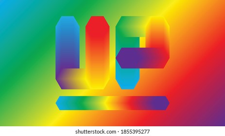 Futuristic, dimensional, geometric custom type design UP with angled corners and rainbow gradient colors treatment on gradient background.