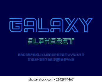 Futuristic display alphabet design with uppercase, numbers and symbols