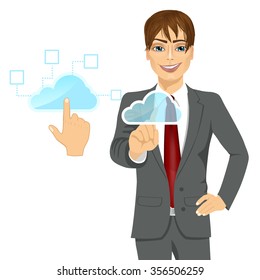 Futuristic display: cloud computing concept businessman touching the icon