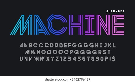 Futuristic display font design, alphabet, character set, typography, letters and numbers
