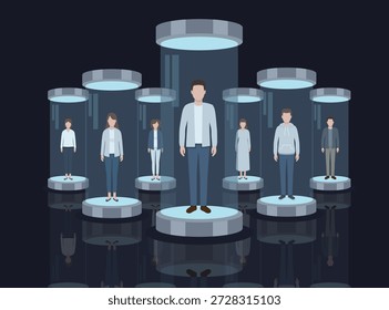 futuristisch diverse Menschen stehen in glühenden Glaspods oder Teleportationskammer auf dunklem, reflektierendem Hintergrund