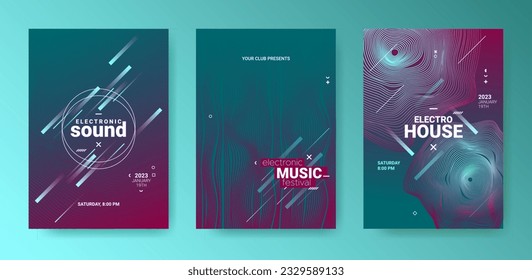 Futuristic Dj Flyer Set. Electro Sound Cover. Techno Dance Poster. Vector Edm Background. 3d Abstract Dj Flyer. Minimal Fest Illustration. Gradient Wave Circle. Psychedelic Dj Flyer.