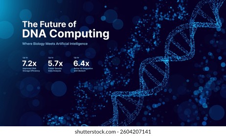 Futuristic DNA Computing Concept. Abstract Digital Biotechnology with AI Integration. Genetic Research, Big Data, and Bioinformatics Innovations. High-Tech Molecular Science. Vector Illustration.