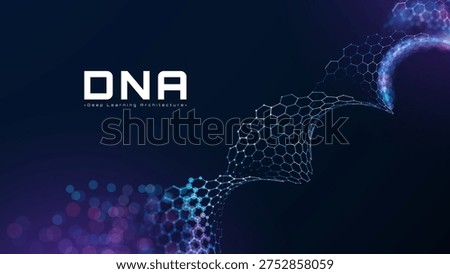 Futuristic DNA molecule and blue gene helix mesh. Medical technology abstract scene with deep learning biotechnology and artificial intelligence concept.