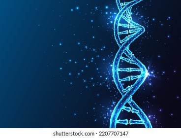 Futuristic DNA molecule in glowing low polygonal style on dark blue background. Helix DNA structure