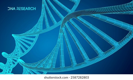 Futuristic DNA research concept with glowing blue wireframe double helix structure on dark background. Genetic science, biotechnology, molecular biology, and genome analysis visualization