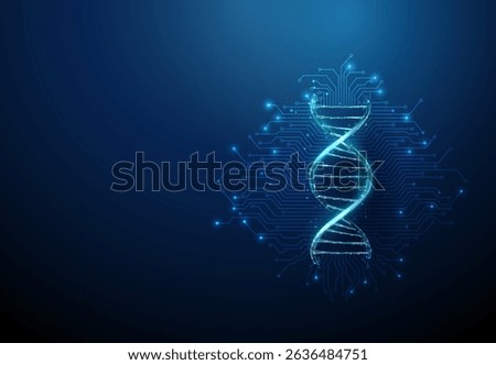 Futuristic DNA strand with electronic circuit lines background Genetic engineering, AI-powered healthcare concept Low poly style Helix with smart medical technology, bioinformatics integration Vector.