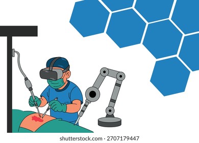 Futuristische Arzt mit Vr Brille tun Chirurgie.Vektorgrafik der modernen Technologie mit Medizin verbinden sich.