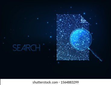 Futuristic document search, paperwork concept with glowing low polygonal magnifying glass and paper document isolated on dark blue background. Modern wire frame mesh design vector illustration.