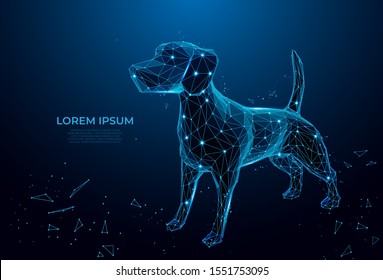 Futuristic dog. Cute funny dog form lines and triangles on blue background. Polygonal wireframe puppy on blue night sky with dots and stars.
Polygonal wireframe mesh art, poly low. 
