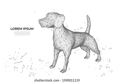 Futuristic dog. Cute funny dog form lines and triangles on blue background. Polygonal wireframe puppy on blue night sky with dots and stars. Polygonal wireframe mesh art, poly low. 