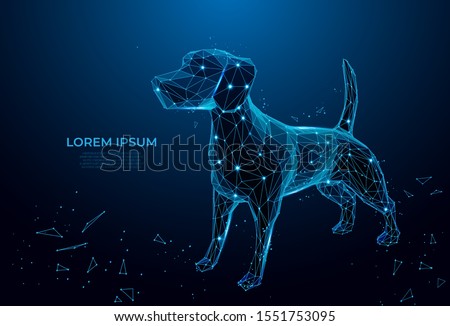 Futuristic dog. Cute funny dog form lines and triangles on blue background. Polygonal wireframe puppy on blue night sky with dots and stars.
Polygonal wireframe mesh art, poly low. 