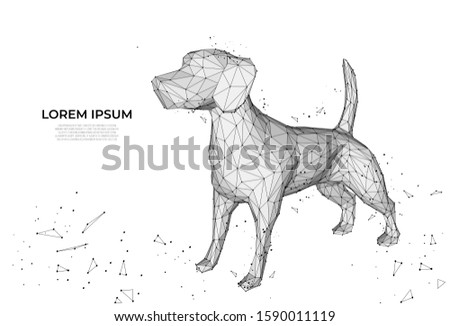 Futuristic dog. Cute funny dog form lines and triangles on blue background. Polygonal wireframe puppy on blue night sky with dots and stars. Polygonal wireframe mesh art, poly low. 