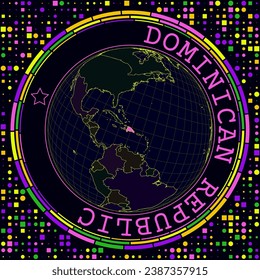 Futuristic Dominicana on globe. Bright neon satelite view of the world centered to Dominicana. Geographical illustration with shape of country and geometric background. Radiant vector illustration.