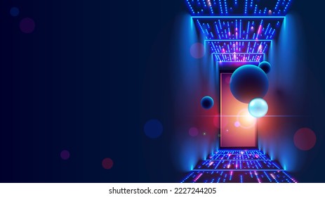Futuristic door in cyber space. Digital Data center is portal in virtual metaverse. Abstract path to virtual reality. Fantasy cyber door in digital world. Gate in artifical digital universes.