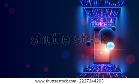 Futuristic door in cyber space. Digital Data center is portal in virtual metaverse. Abstract path to virtual reality. Fantasy cyber door in digital world. Gate in artifical digital universes.