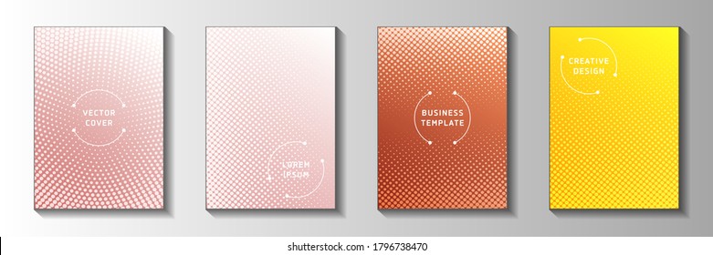 Futuristic dot faded screen tone front page templates vector series. Industrial booklet perforated screen tone backgrounds. Retro manga comics style cover layouts. Optical effects.