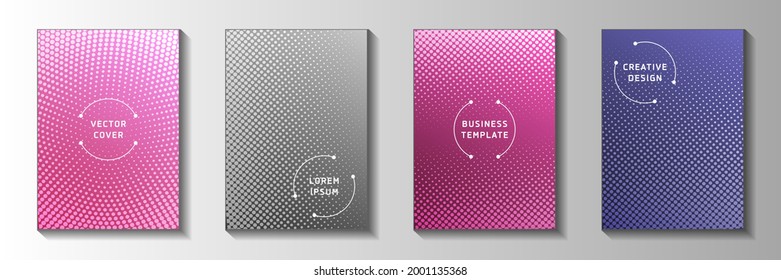 Futuristic dot faded screen tone title page templates vector batch. Urban magazine perforated screen tone backdrops. Retro cartoon comics style cover page layouts. Rectangle albums.