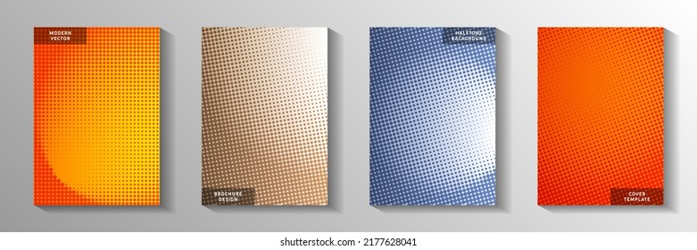 Futuristic dot faded screen tone cover page templates vector set. Industrial notebook perforated screen tone patterns. Vintage manga comics style front page leaflets. Linear design.