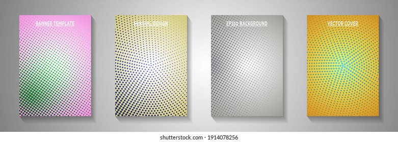 Series vectoriales de páginas de portadas de semitono perforadas por punto futurista. El bloc de notas médico se desvaneció con los patrones de medio tono. Diseños de páginas de títulos de estilo de historietas antiguas. Diseño de degradado.