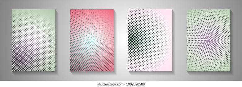 Futuristic dot perforated halftone front page templates vector series. Corporate booklet faded halftone patterns. Vintage manga comics style title page leaflets. Distressed prints.