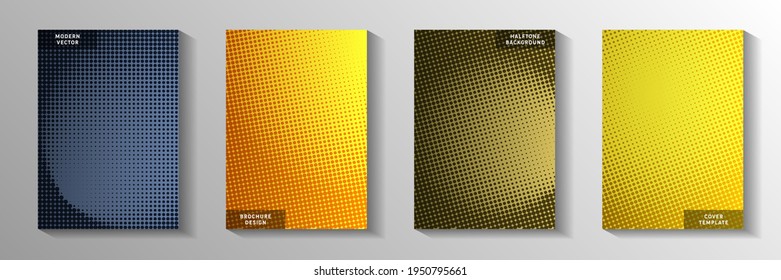 Futuristic dot perforated halftone title page templates vector collection. Medical magazine faded halftone backgrounds. Vintage cartoon comics style cover layouts. Rectangle albums.