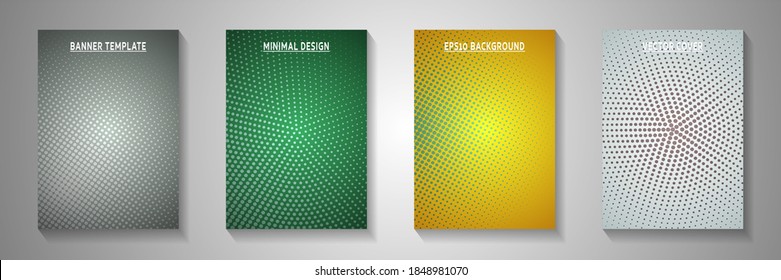 Futuristic dot screen tone gradation front page templates vector kit. School banner faded screen tone backdrops. Vintage cartoon comics style cover layouts. Line art design.