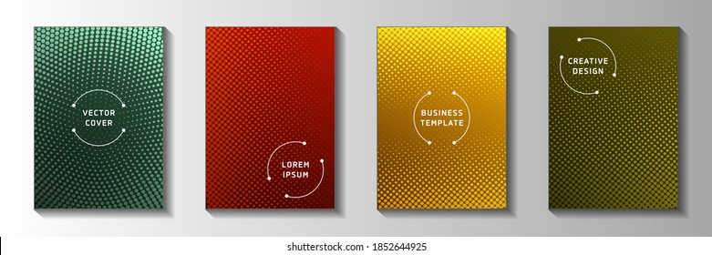 Futuristic dot screen tone gradation title page templates vector collection. Scientific catalog faded screen tone backdrops. Vintage cartoon comics style cover layouts. Gradient design.
