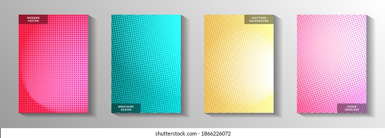 Futuristic dot screen tone gradation title page templates vector batch. Urban flyer faded screen tone backgrounds. Vintage comics style front page layouts. Optical effects.