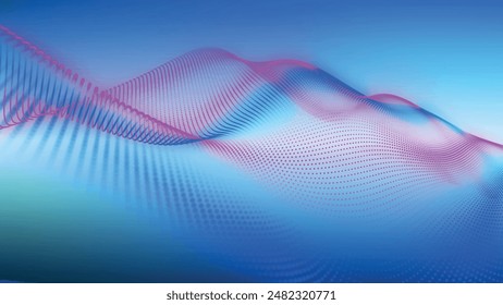 Futuristic dot wave. Abstract digital particle wave. Technology background. Colored musical wave. Light background. Digital background with smooth, wavy curves. 3D vector illustration