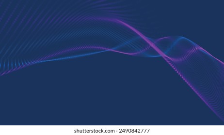 Futuristic dot wave. Abstract digital particle wave. Technology background. Colored musical wave. Dark background. Digital background with smooth, wavy curves. 3D vector illustration