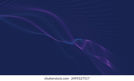 Futuristic dot wave. Abstract digital particle wave. Technology background. Colored musical wave. Dark background. Digital background with smooth, wavy curves. 3D vector illustration