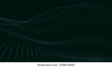 Futuristic dot wave. Abstract digital particle wave. Technology background. Colored musical wave. Dark background. Digital background with smooth, wavy curves. 3D vector illustration