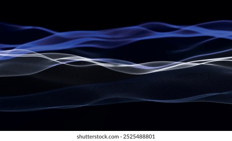 Futuristic dot wave. Abstract digital particle wave. Technological background. Colorful music wave. Dark background. Digital background with smooth wavy curves. Vector illustration.